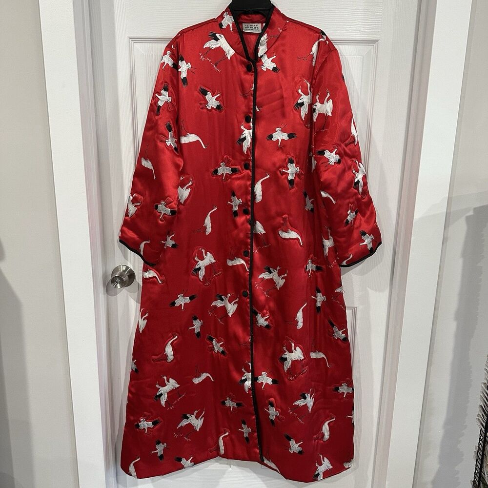 National Wildlife Federation Women's Red Satin Cranes Robe XL Button Front Bird